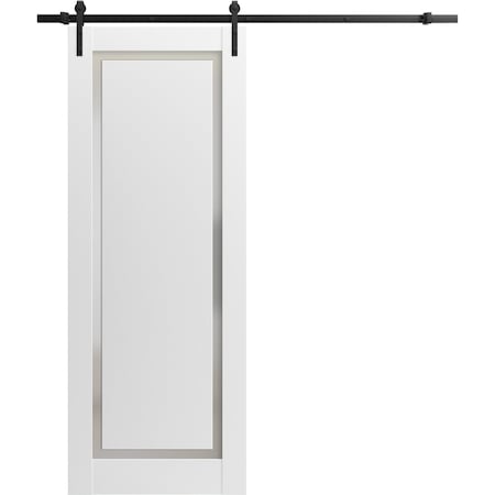 Sartodoors Sturdy Barn Door 36 x 84in, Painted White W/ Frosted Glass, 6.6FT Rail Hangers Heavy Hardware Set PLANUM0888BD-B-BEM-3684